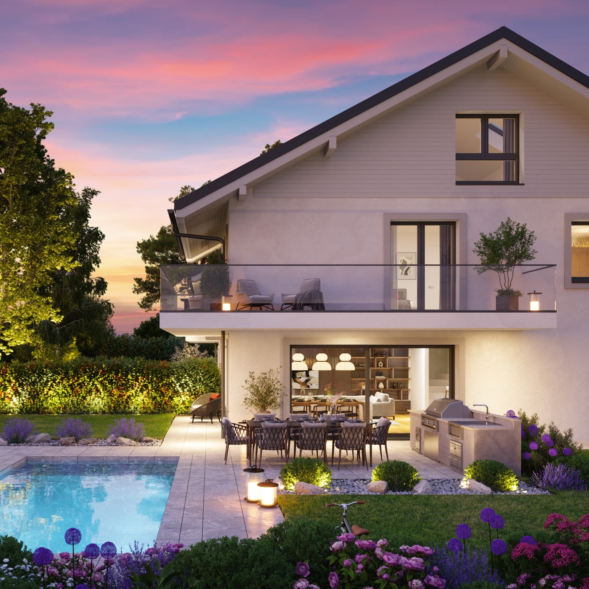 Villas Aurea Lully- vue extérieure avec jardin et terrasse à l'aube